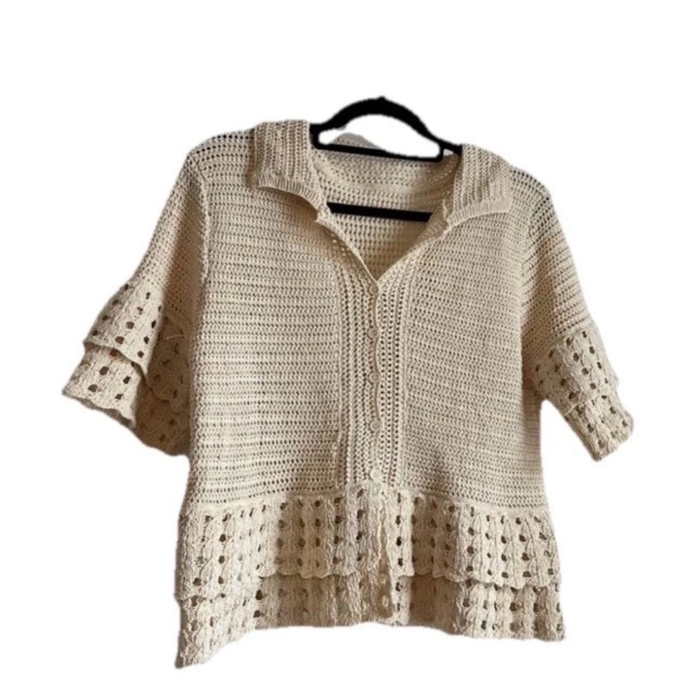 Boho Cream Crochet Cardigan Ruffle Hem Button Front Short Sleeve Sweater